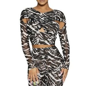 NWT Naked Wardrobe Cross Front Animal Print Mesh Top, Sz M